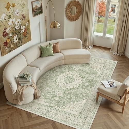6x9 Green Washable Vintage Area Rug for Living Room Bedroom Soft Tranditional 