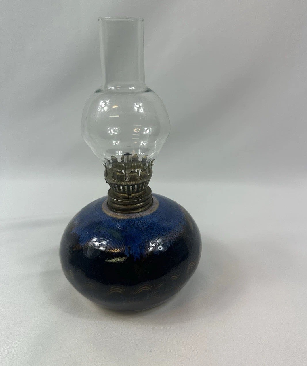 Vintage Ceramic Pottery Oil Lamp Blue Glaze Signed Base Glass Chimney