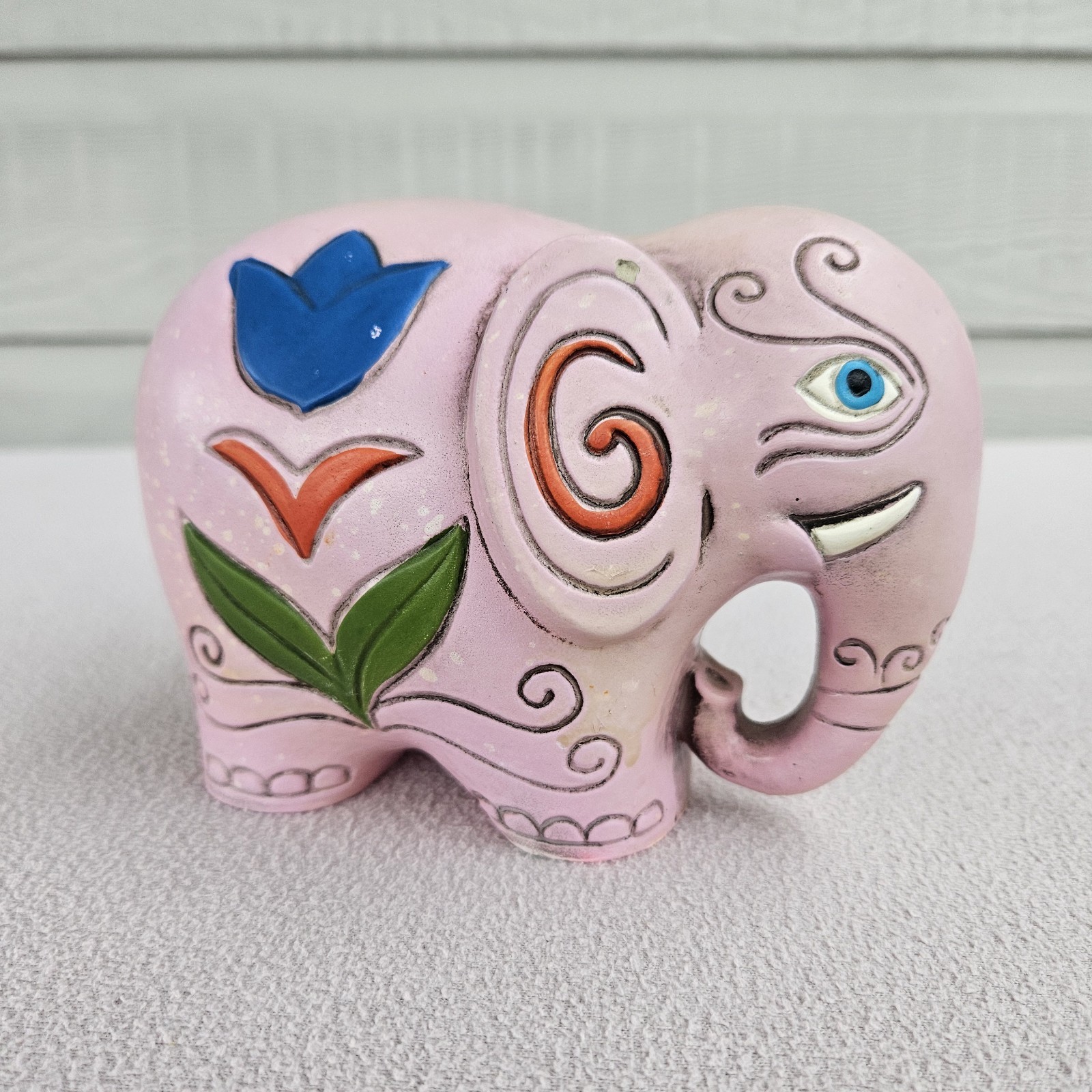 VTG World Gift Pink Elephant Hand Painted Piggy Bank Floral MCM Japan Kitsch