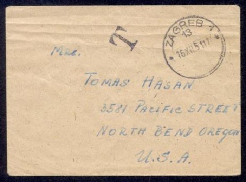 YUGOSLAVIA ZAGREB STAMPLESS SHORT PAID TO USA