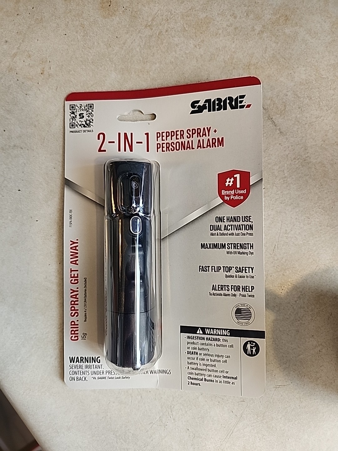 Sabre 2-in-1 Pepper Spray Flip Top 15g Navy Blue UV Dye wBuilt-in 130 DB Alarm