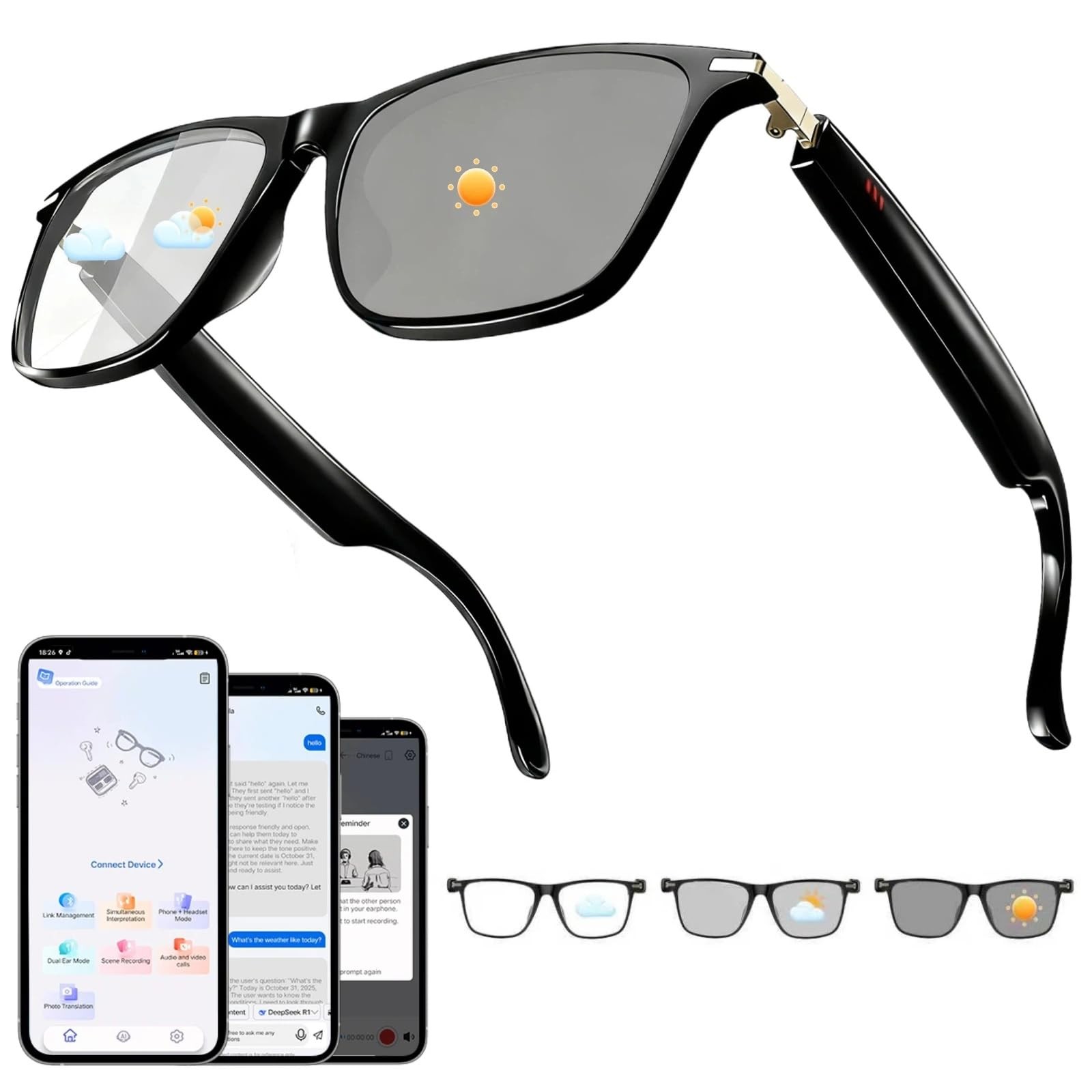 AI Smart Glasses, Support 160+ Languages, Real-Time Translation via APP, Wear...