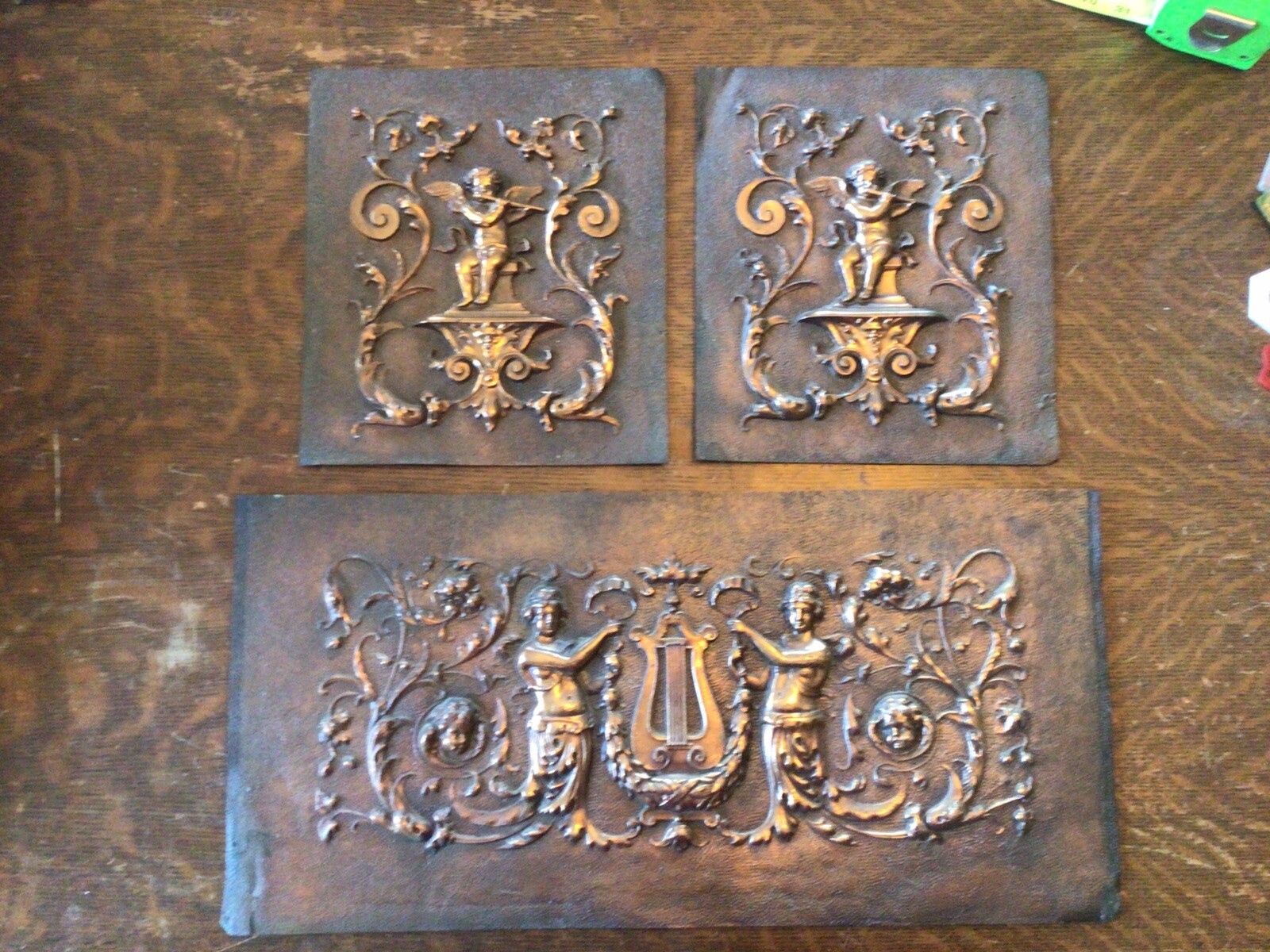 3 Solid Copper Embossed Picture Panes Music Cherubs Harp Victorian  Vose Piano