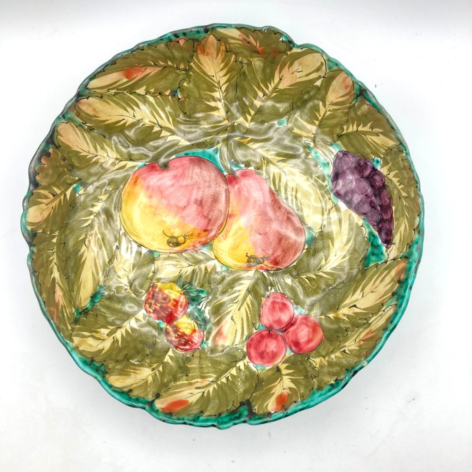 Vintage Majolica Bowl Italian Hand Painted Signed Italy Fruit Leaf Design 11" W