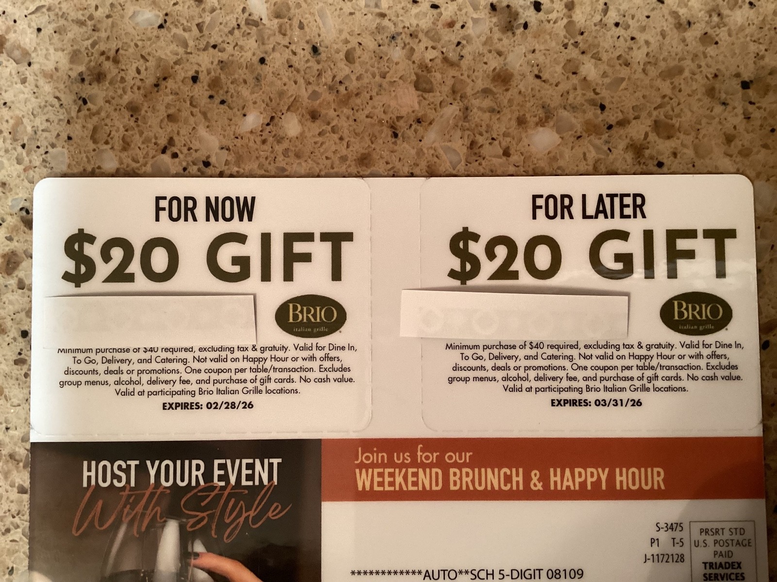 BRIO ITALIAN GRILLE RESTAURANT GIFT CARDS~$20 GIFT OFF $40+ PURCHASE~NOW & LATER