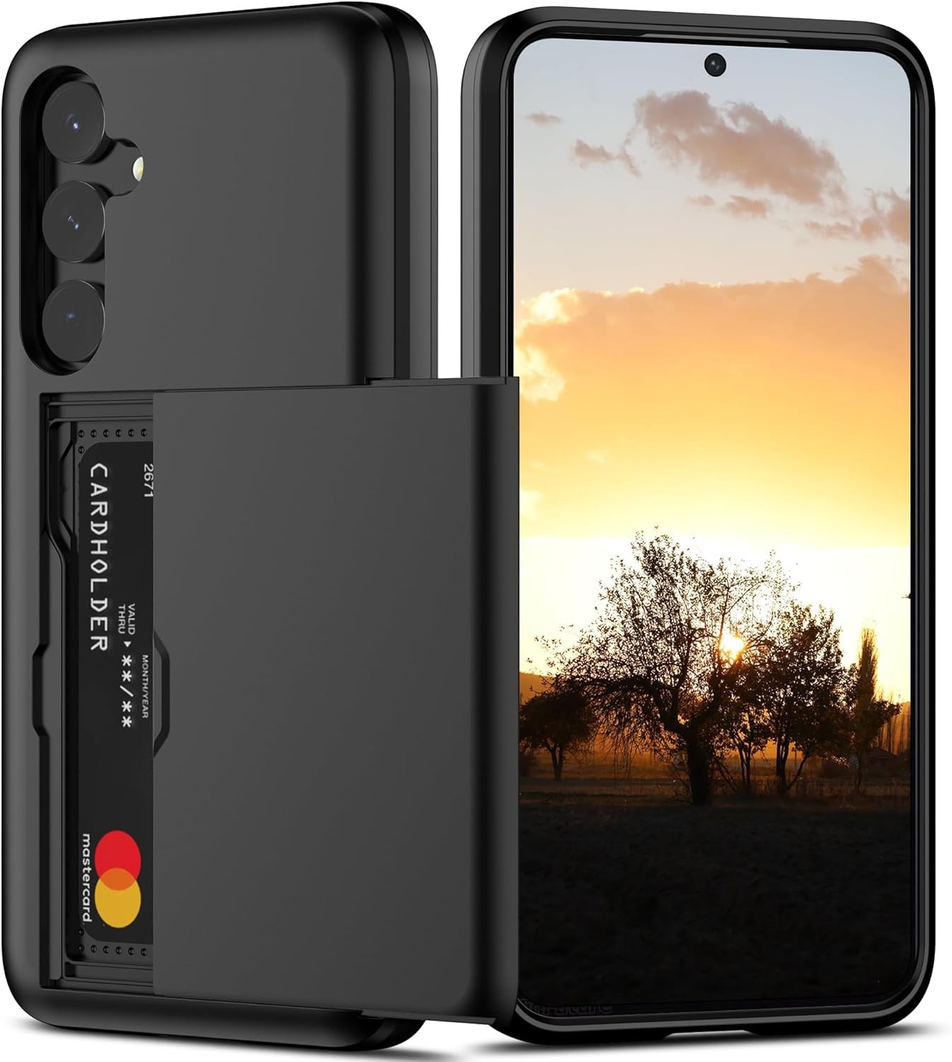 Samsung S24 Plus Case with Card Holder Dual Layer Heavy Duty Protective Case Bla