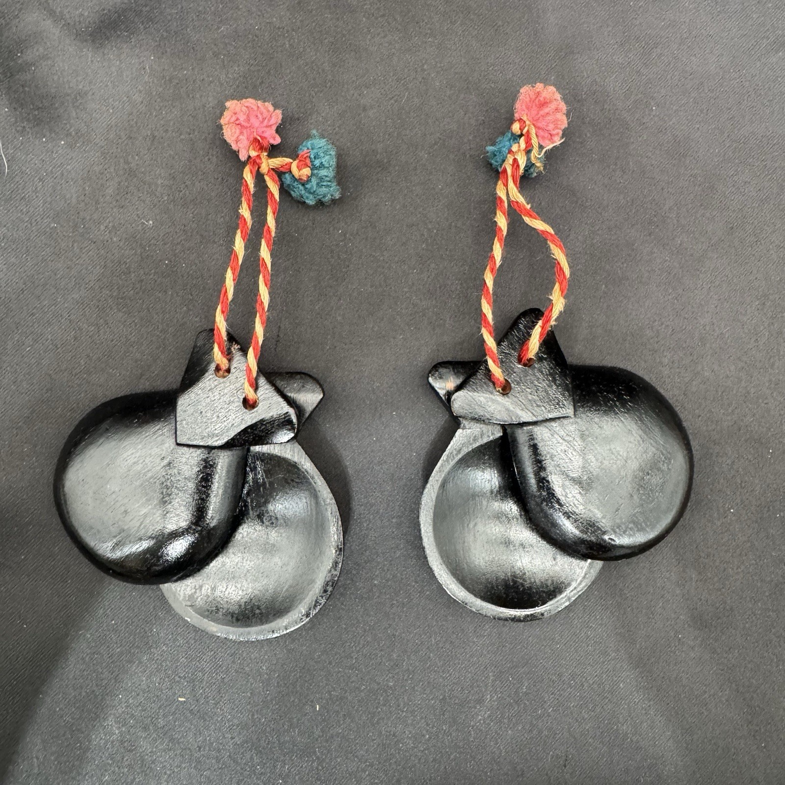 2 Vintage Wood Spanish Castanets Black With Colorful Ties
