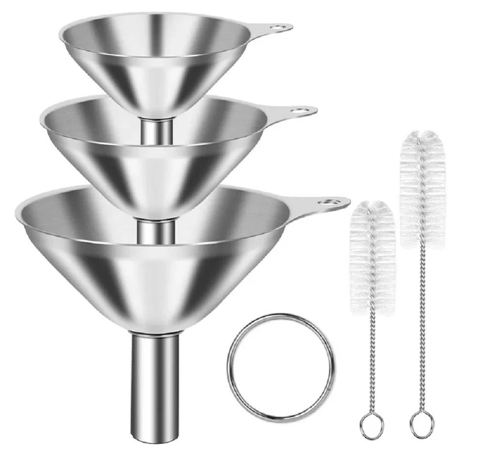 3PCS Stainless Steel Kitchen Funnels Set with 2 Cleaning Brushes No-Spill