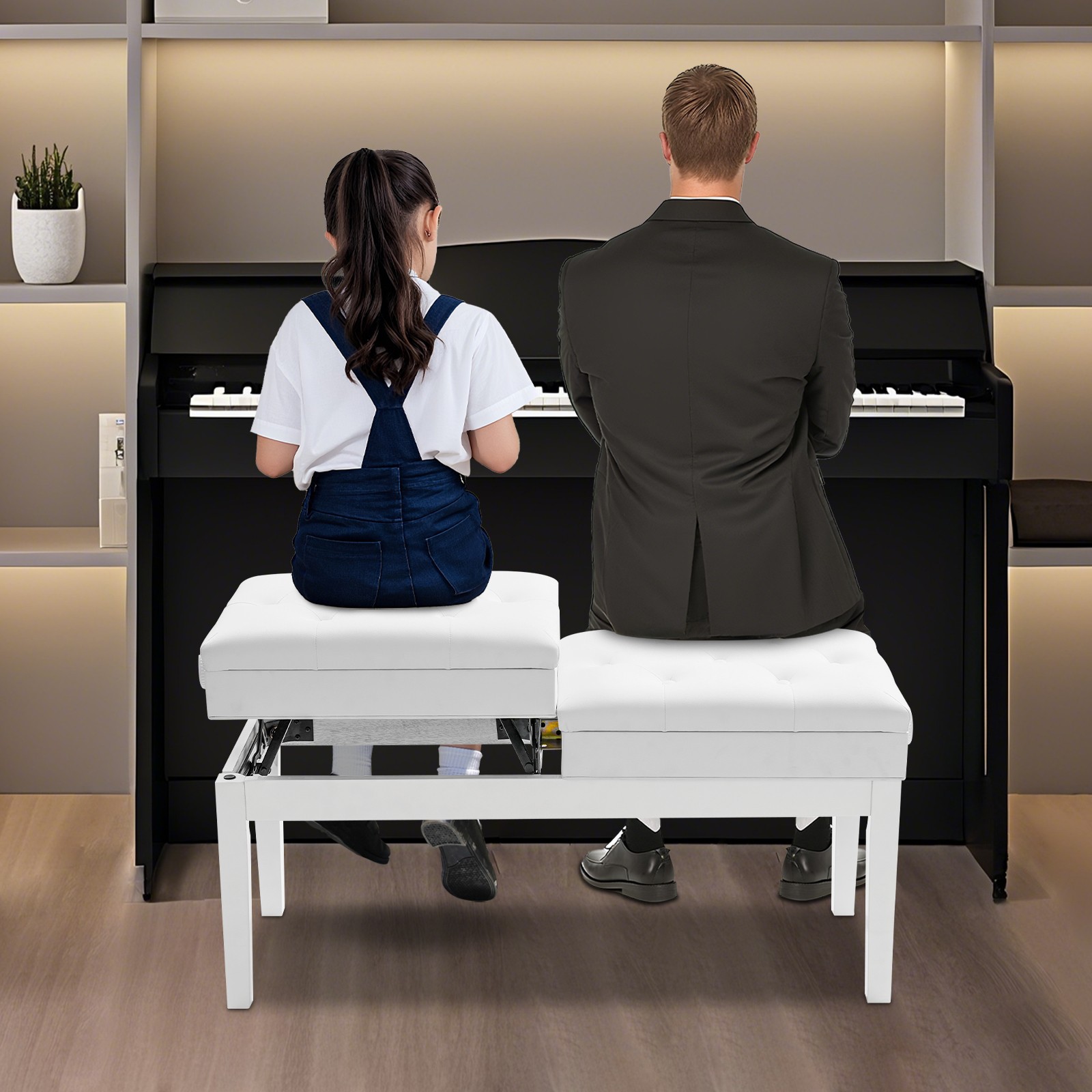 Double Seat Piano Bench Adjustable Duet Piano Stool Bench w/Storage Box Classic