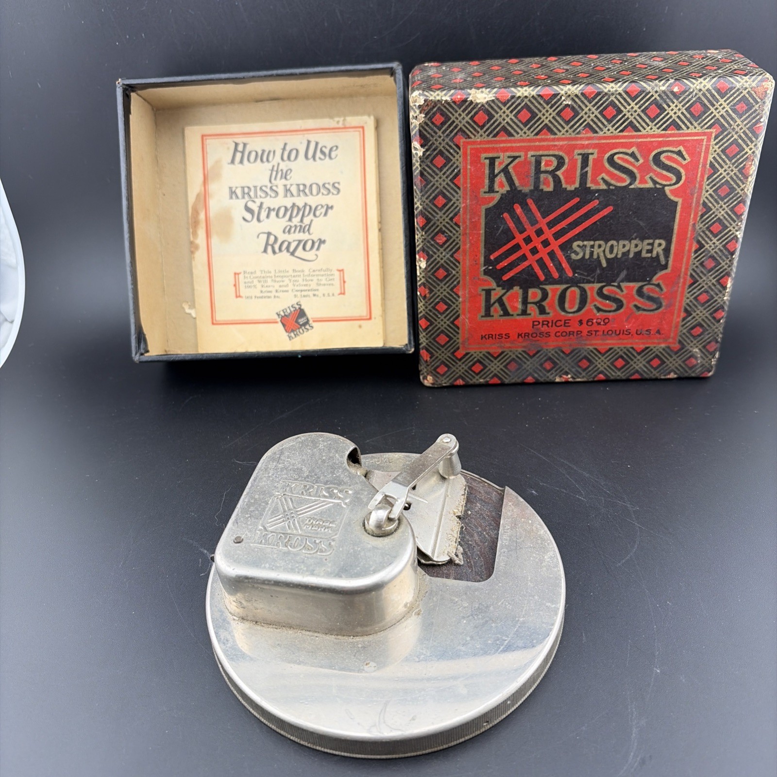 Vintage Chrome Kriss Kross Stropper Razor Blade Sharpener w/ Box & Instructions