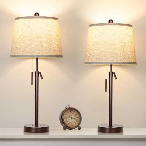 Table Lamps Set of 2, 22" to 30"Adjustable Height Brown+Beige Shade Set of 2