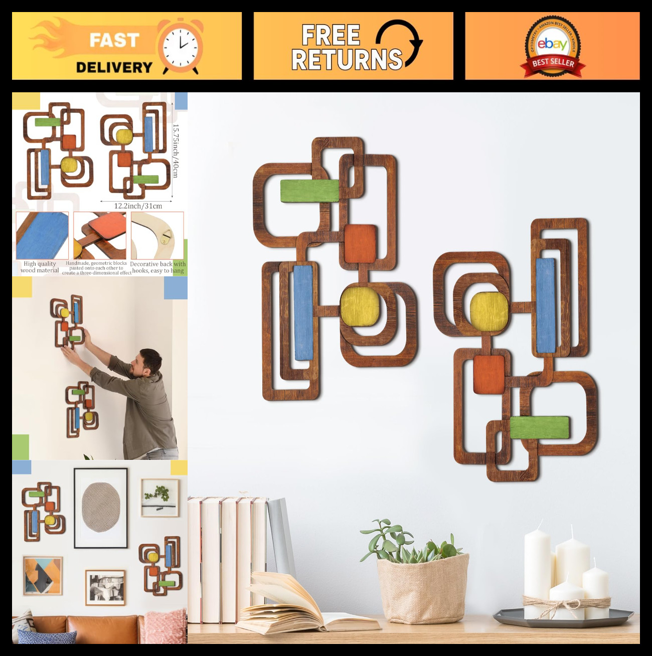 2 Pcs Mid Century Modern Wooden Wall Decor - 3D Geometric Art Panels, Vintage Ac