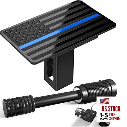 1 1/4 Inch American Flag Trailer Hitch Cover Plug with 5/8 Black&Thin Blue Line