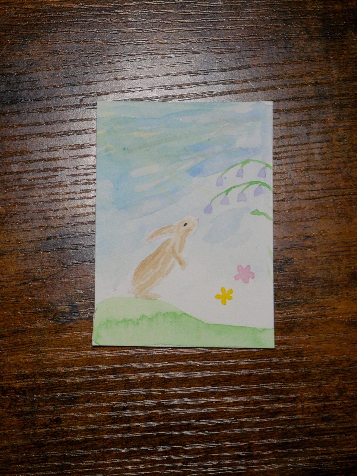 Original ACEO Bunny Watercolor OOAK Miniature Painting 2.5x3.5 Sniffing Flowers