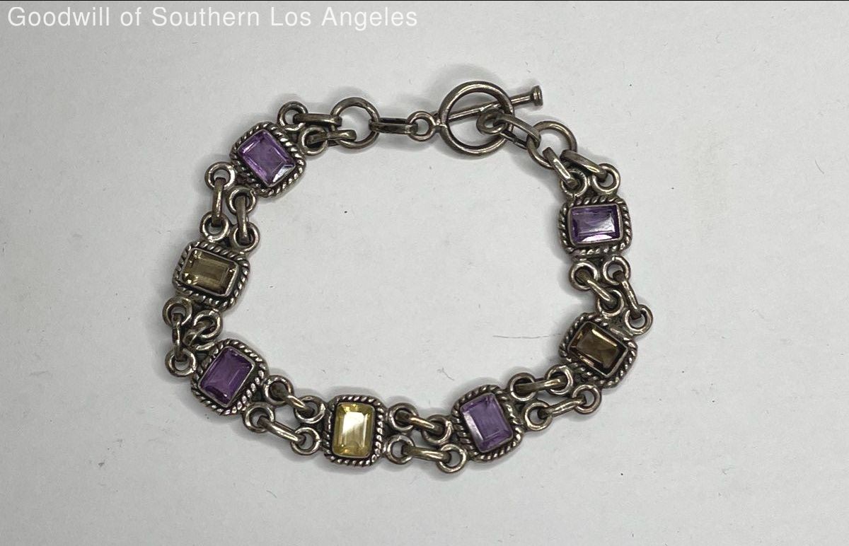 Sterling Silver Faceted Amethyst, Smokey Quartz & Citrine Link Bracelet - 19.4g