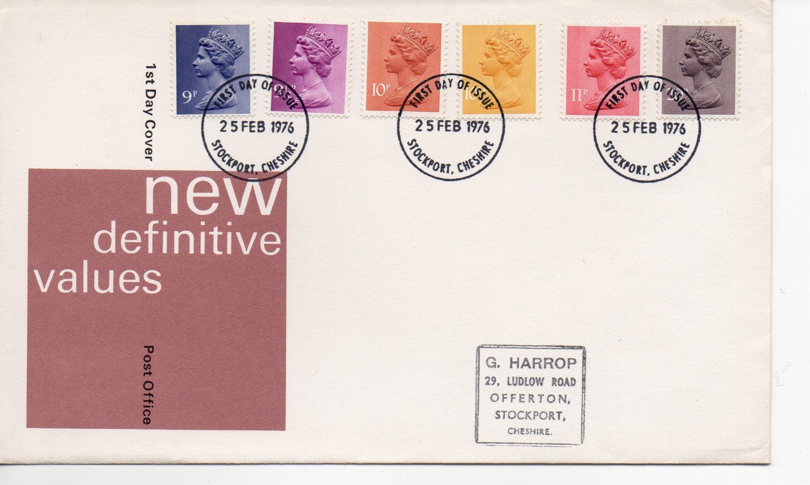GB - First Day Cover (C 1 ) 1976 Machin - 6 values to 20p - pmk. Stockport