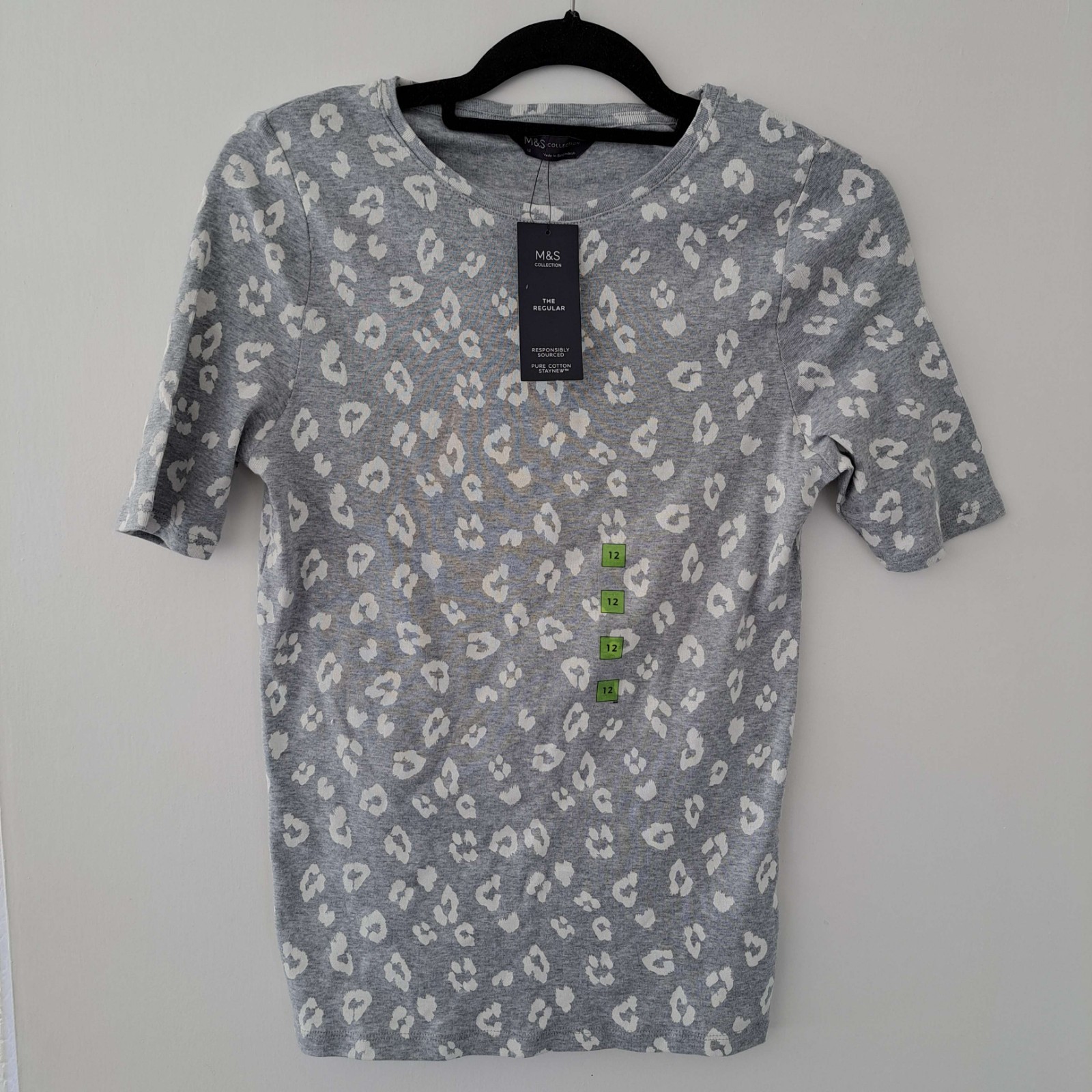 M&S Collection Grey & White Animal Print T-Shirt - UK Size 12