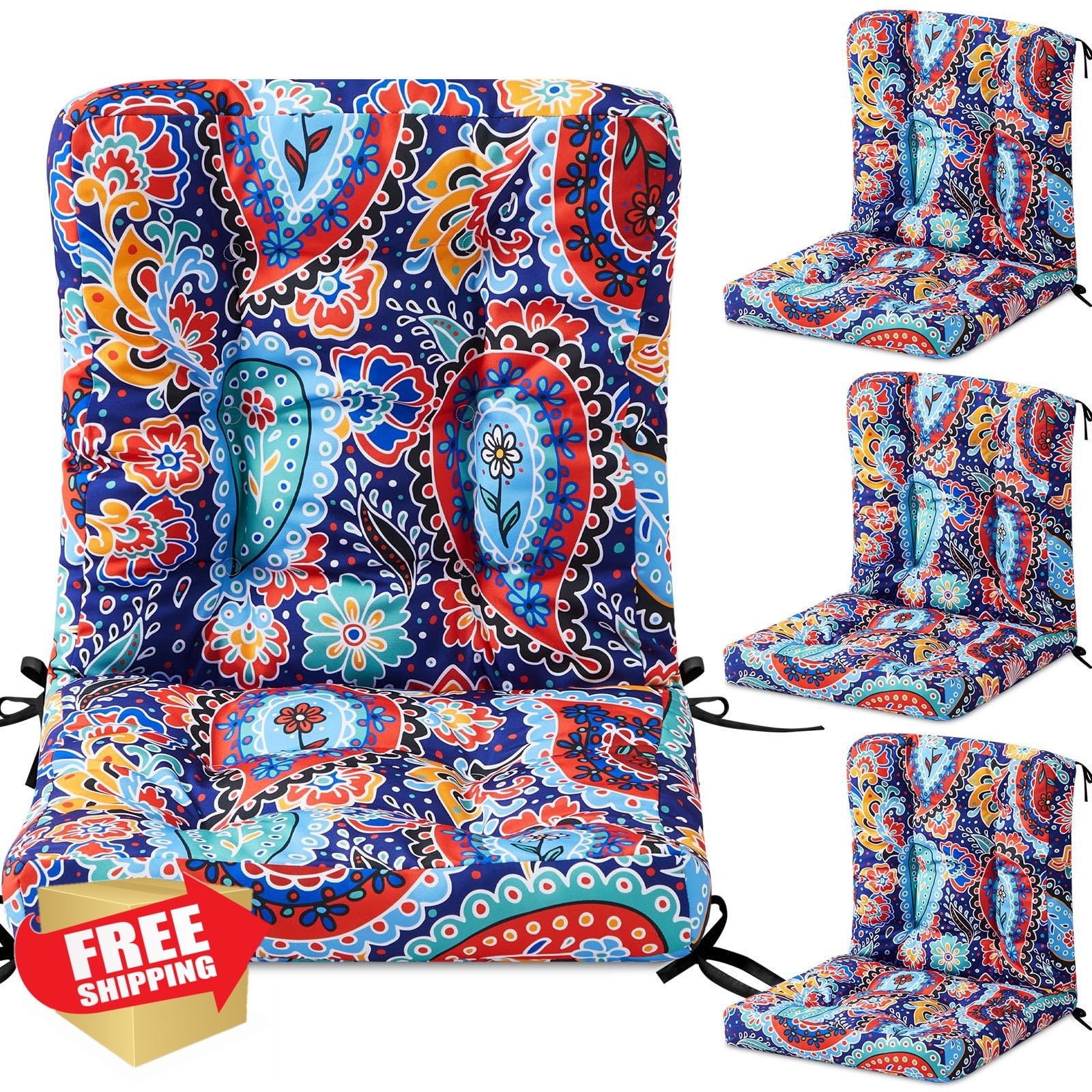 Hoteam 4pc Patio Chair Cushions 20x42 Inch Waterproof Seat Back Red Paisley