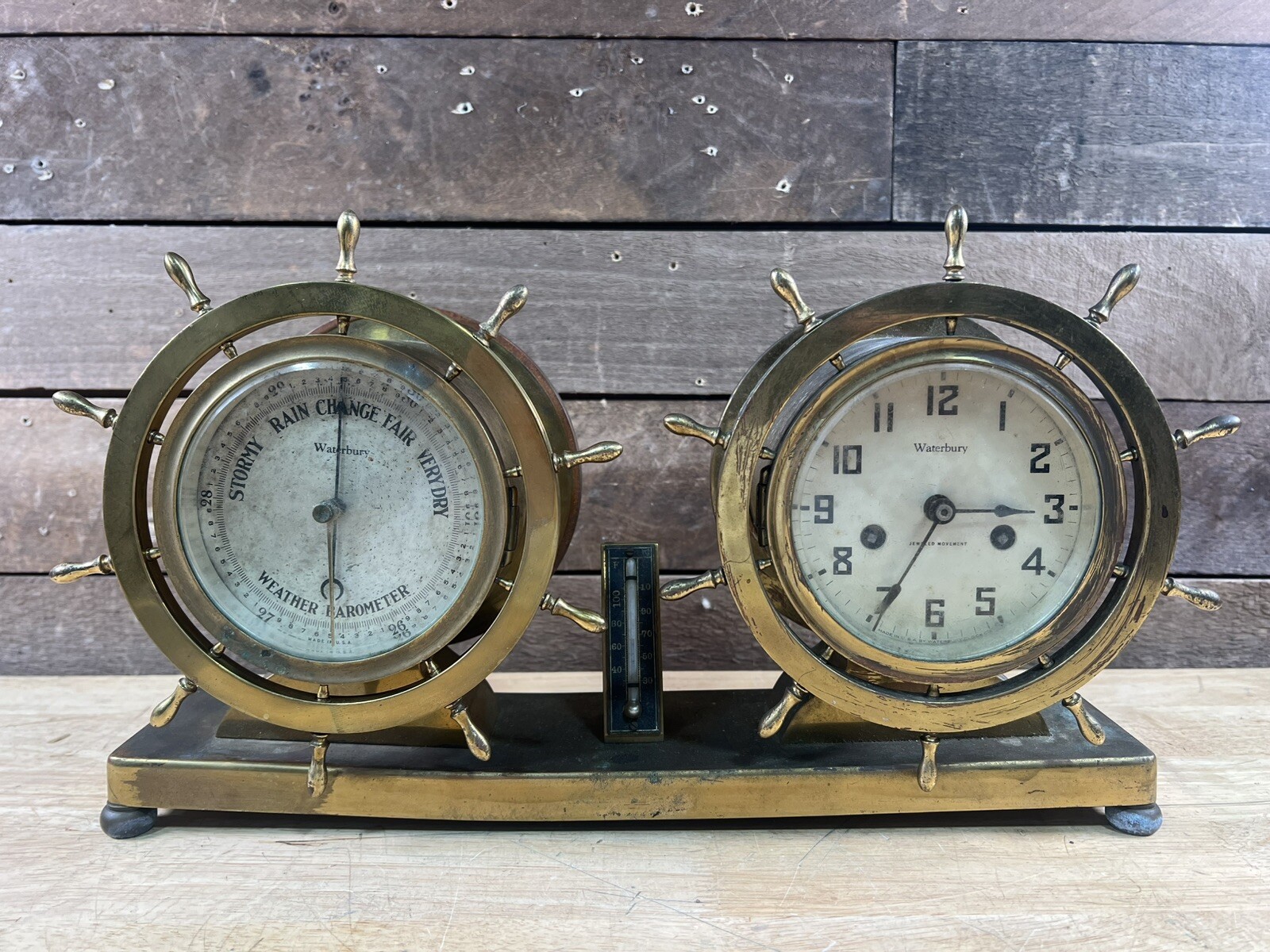 Vintage Waterbury Bulkhead Ships Barometer & Bulkhead Clock 