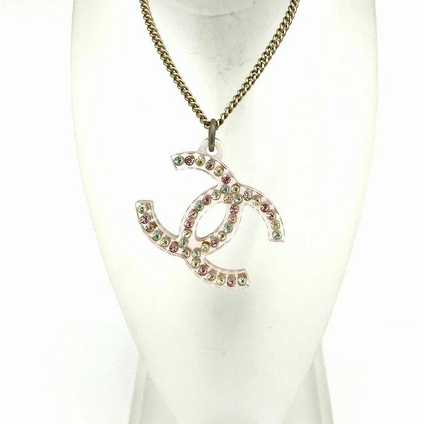 CHANEL Pink Gold 04A Coco Mark Rhinestone Brand Accessories Necklace Ladies