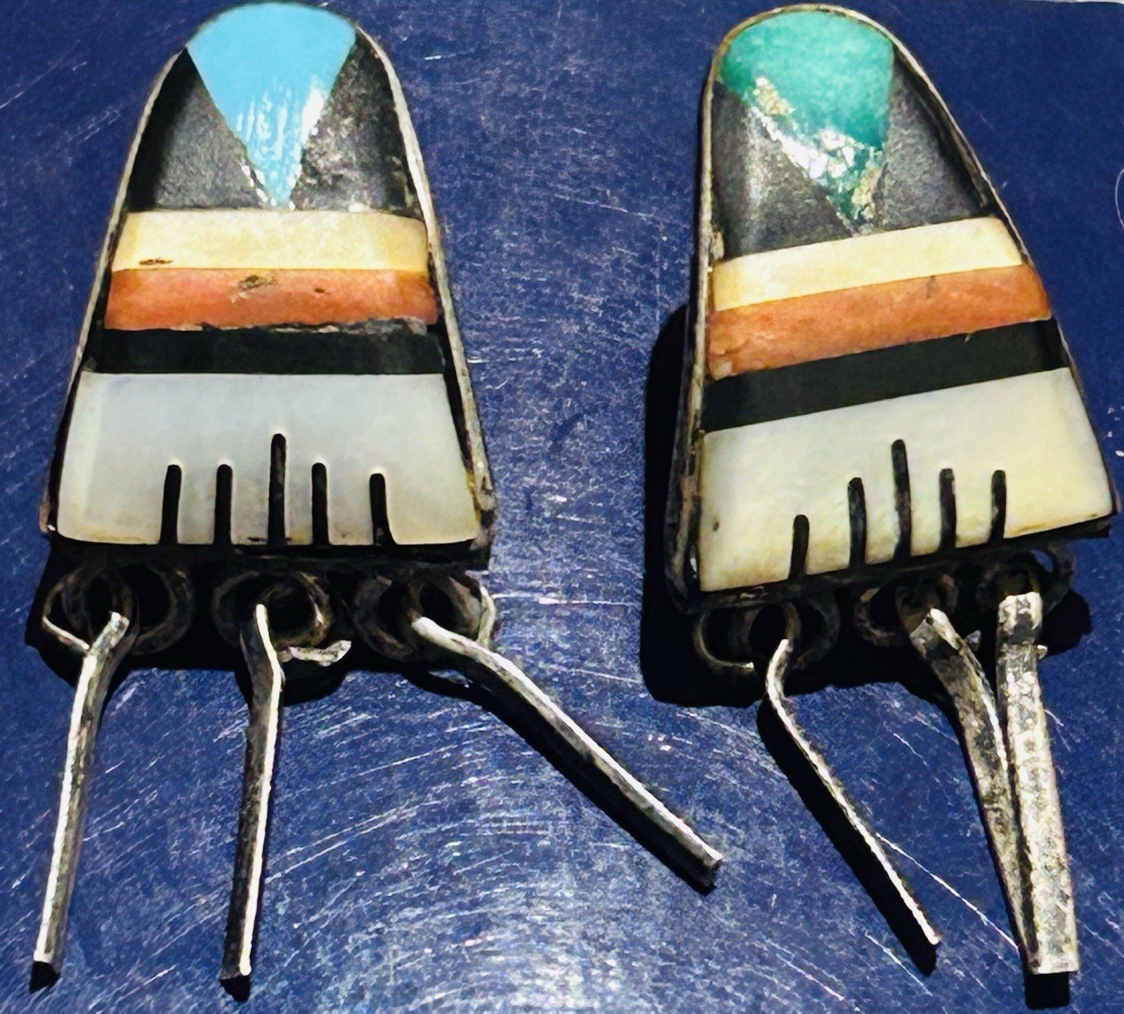 Signed John And Rosalie Bowannie Zuni Sterling Inlay Dangle Earrings 3.54 Grams