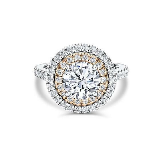 Round Cut Moissanite Solid 14K Two Tone Halo Engagement Ring Gold Plated