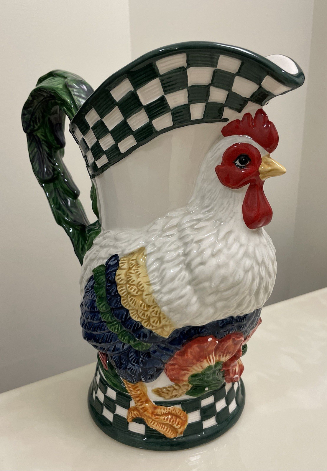 Dept. 56 Vintage Rooster Water Pitcher Rustic Vase Country Green Check Cottage