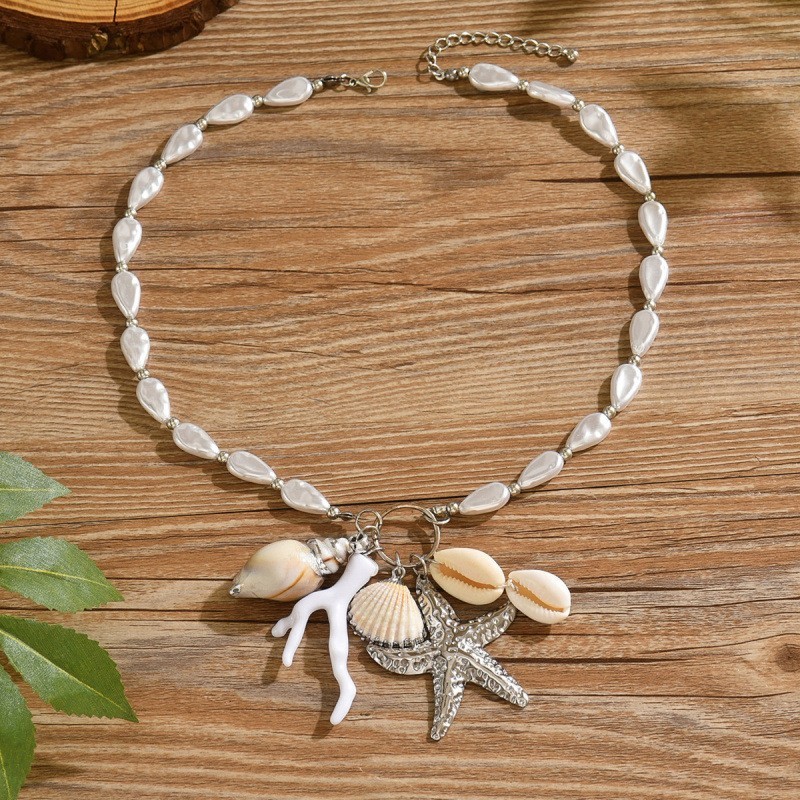 Boho Ocean Style Multi Element Pendant Cluster Imitation Pearl Choker Necklace