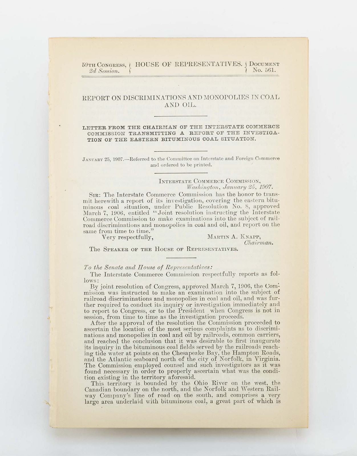 [U.S. Congress] – 1907 House Report on Coal Monopolies in Appalachia,…