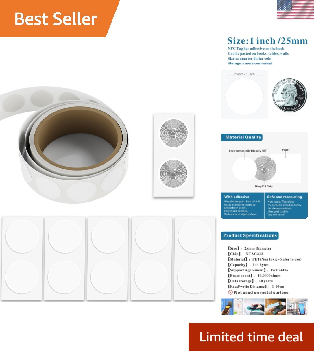 Programmable 25mm NFC Stickers NTAG213 - 200pcs Versatile Tags for All Devices