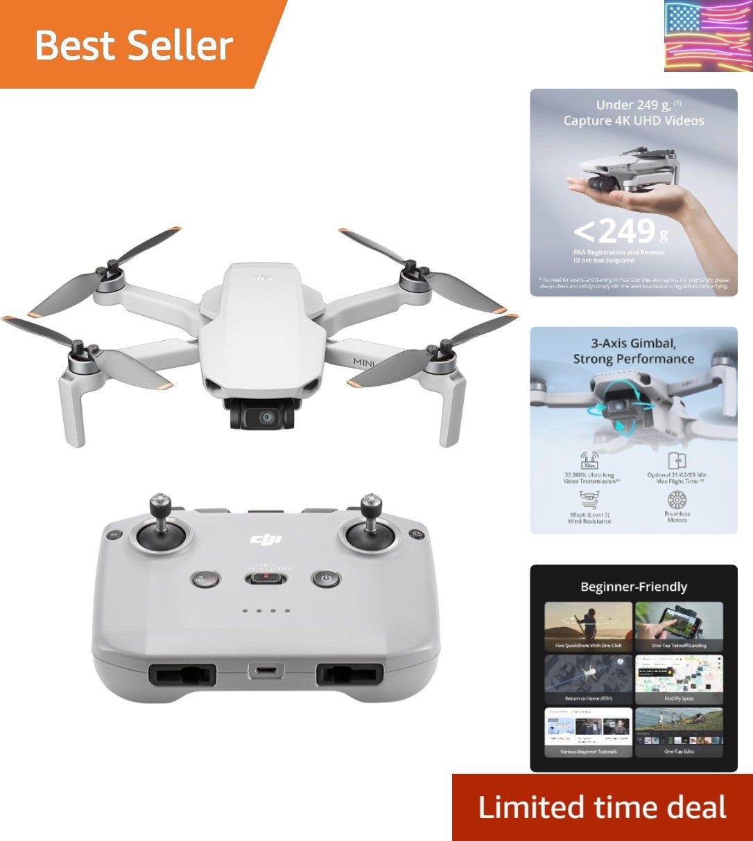 Mini 4K, Drone with 4K UHD Camera for Adults, Under 249 g, 3-Axis Gimbal Stab...