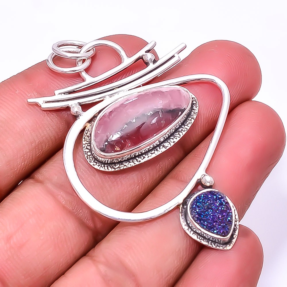 Rhodochrosite,Blue Titanium Agate Drusy 925 Sterling Silver Pendant 2.15" P36
