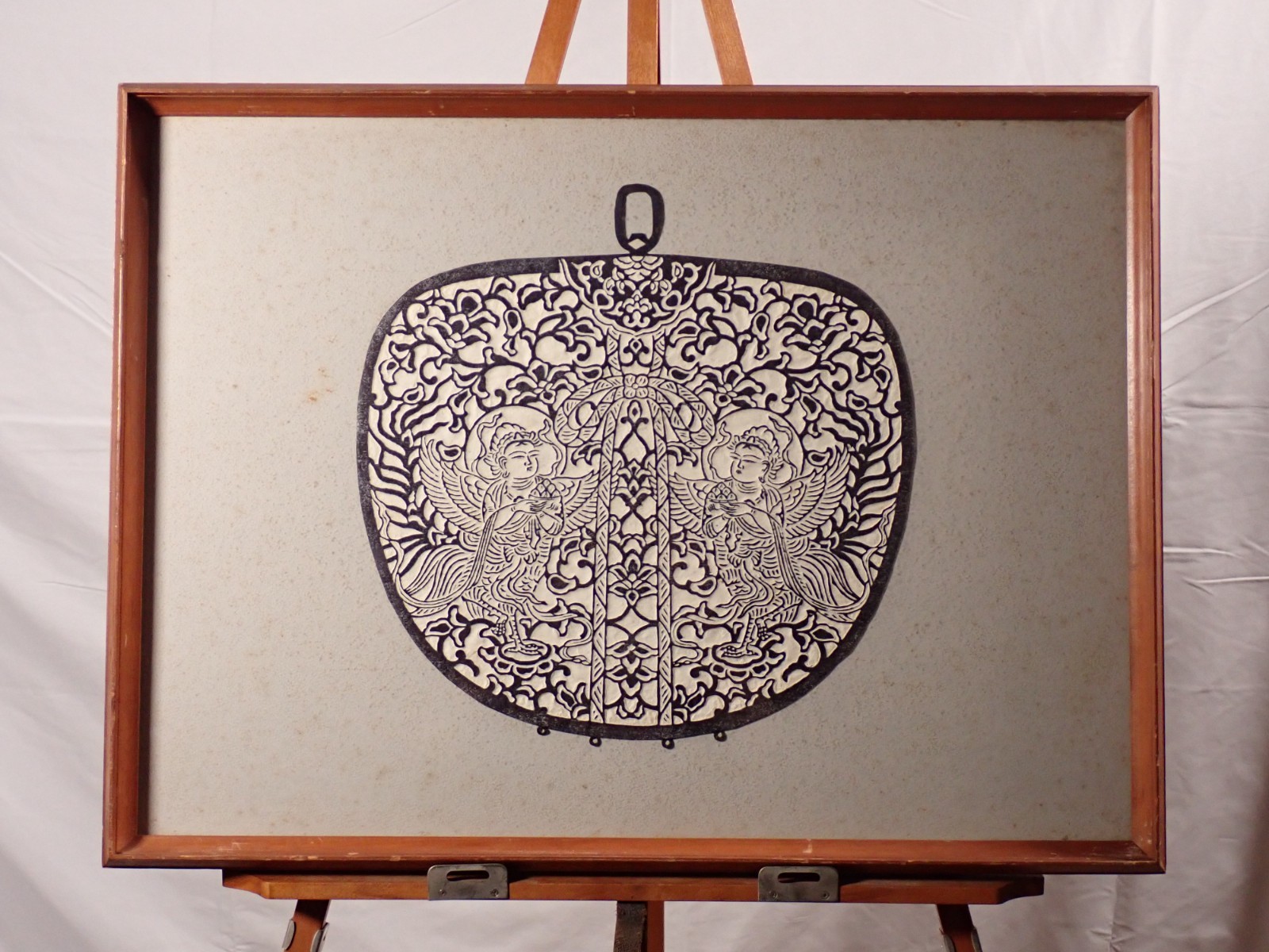 [Old Paper] Buddhist Art Rubbing "Flying Apsaras on Gong"- Mingei / Zen Decor