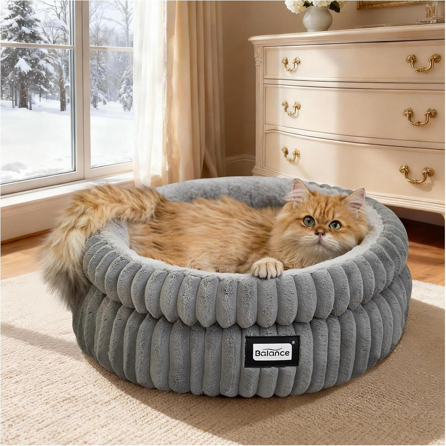 Cat Bed Kitten Bed, Washable Round Cat Beds for Indoor Cats, Super Soft Plush Fa