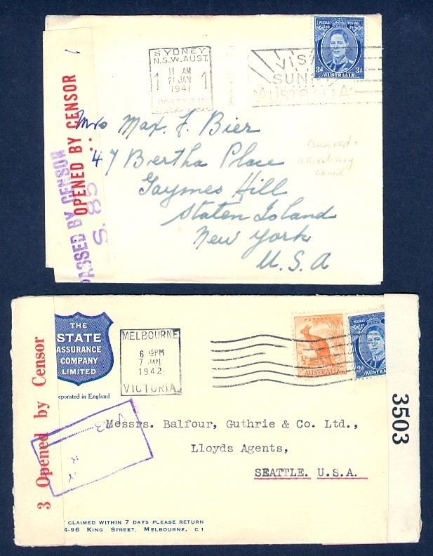 AUSTRALIA TWO NICE 1941-2 CENSOR COVERS TO USA