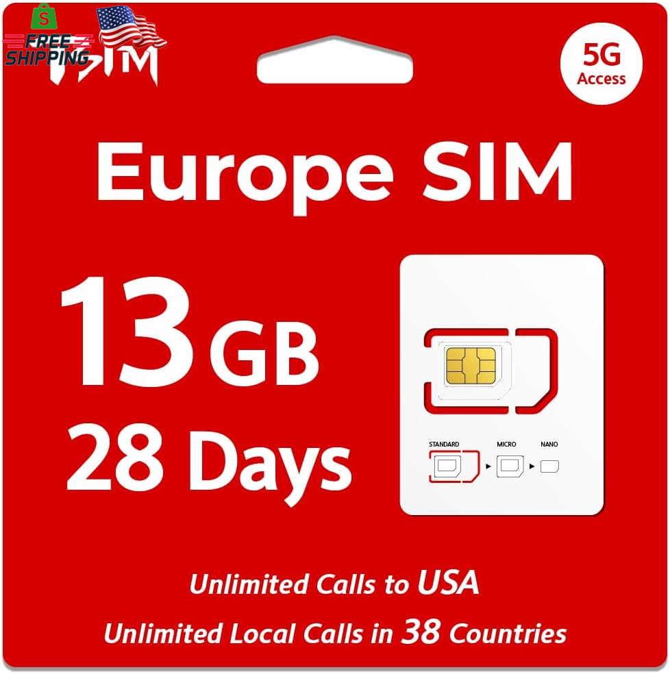 TSIM Europe SIM Card with USA Coverage | 13GB Data + Unlimited Local Calls in 38