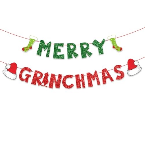 Christmas Decorations Party Banners Indoor, Glittery Christmas Merry Grinchmas