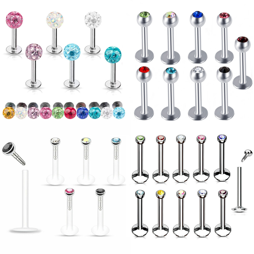 8pc 16G Mixed Style Crystal Labret Ring Bar Set Monroe Lip Ear Piercing 6mm-12mm