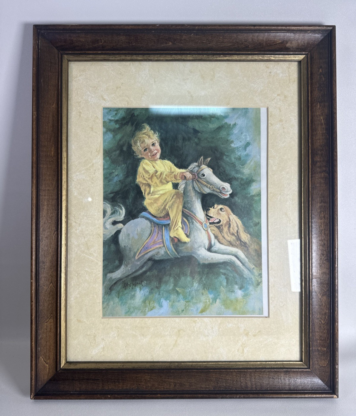 John McClelland Print In Frame Toddler On Hobby Horse Golden Dog Baby Room Decor