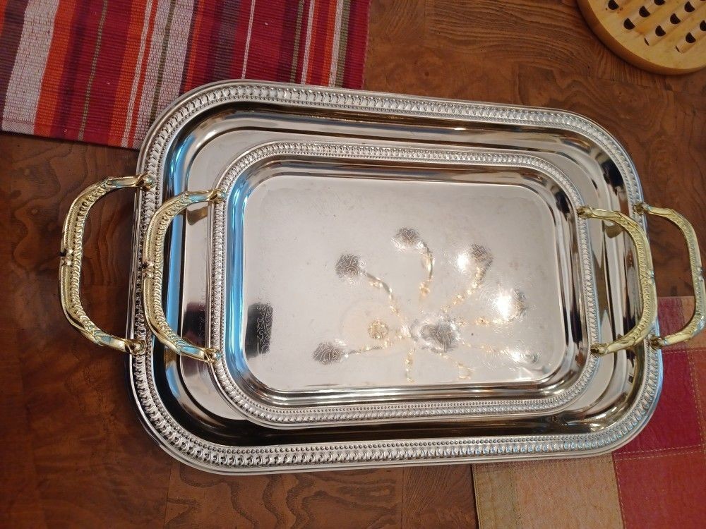 2 Etched Ornate Silver/Metal Tray Serving Set