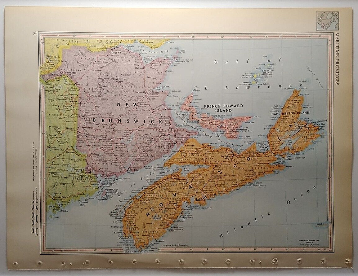 1957 Vintage MARITIME PROVINCES Atlas Map Antique MCM Encyclopedia Britannica
