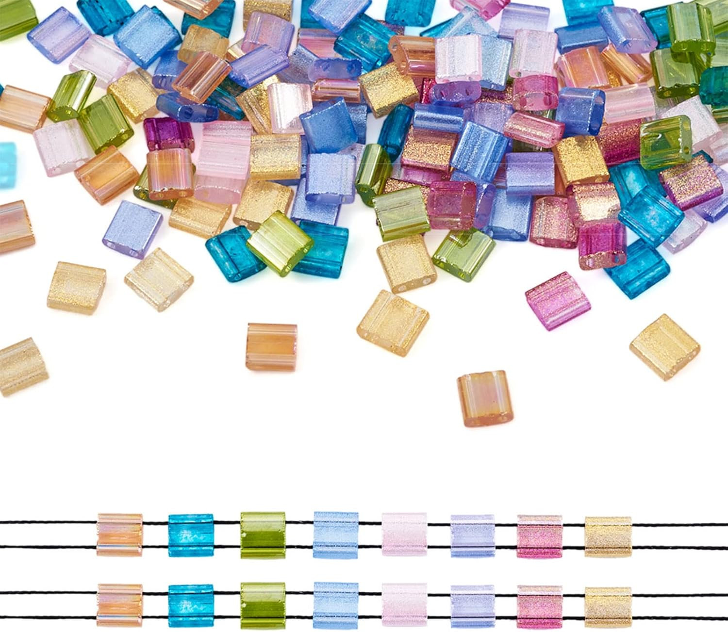 160Pcs 2-Hole Glass Tila Beads 5X4.5-5.5X2-2.5Mm 8 Colors Transparent Spray Pain