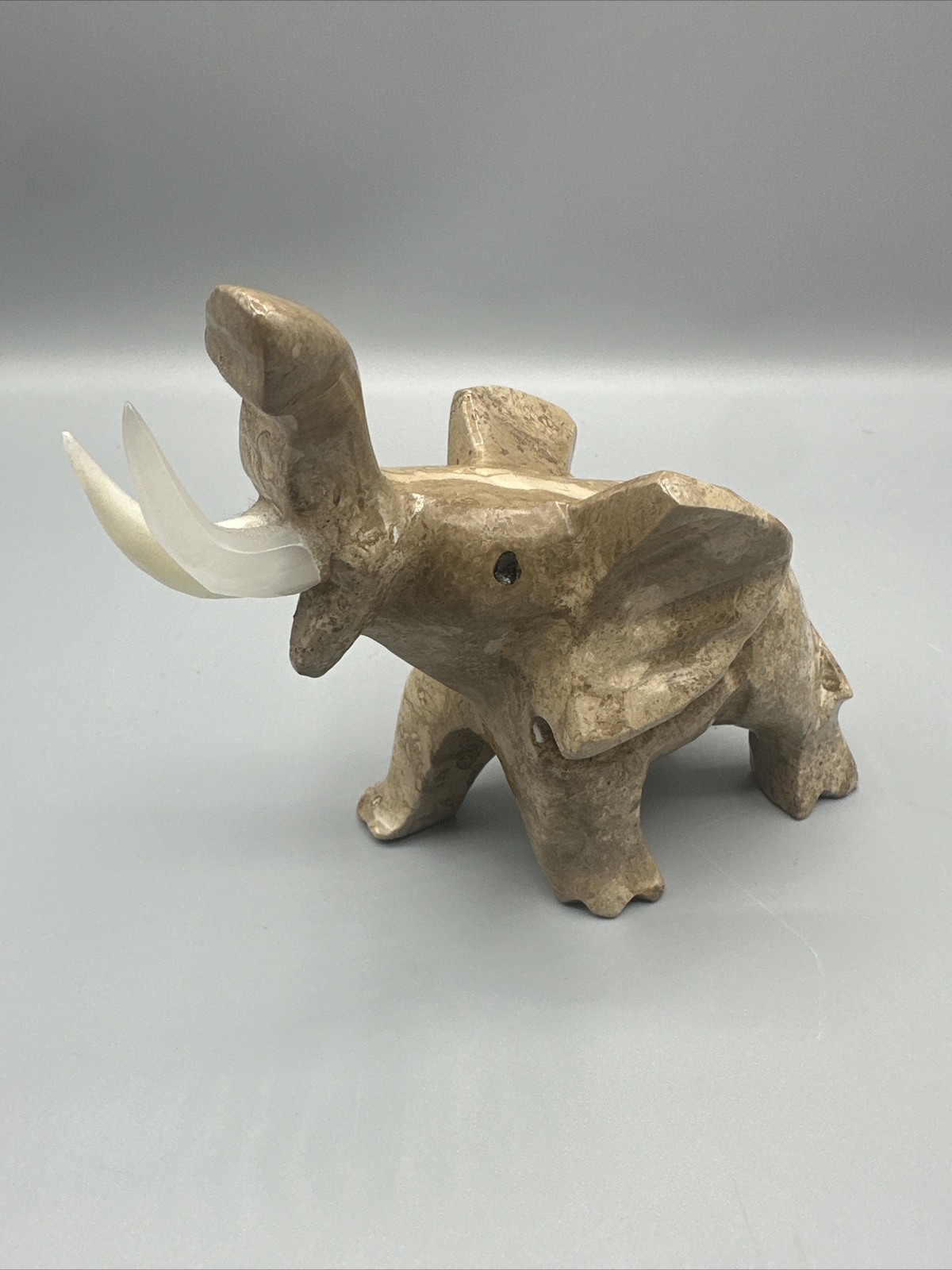 Carved Stone Elephant Figurine w/ White Tusks 4” Heavy