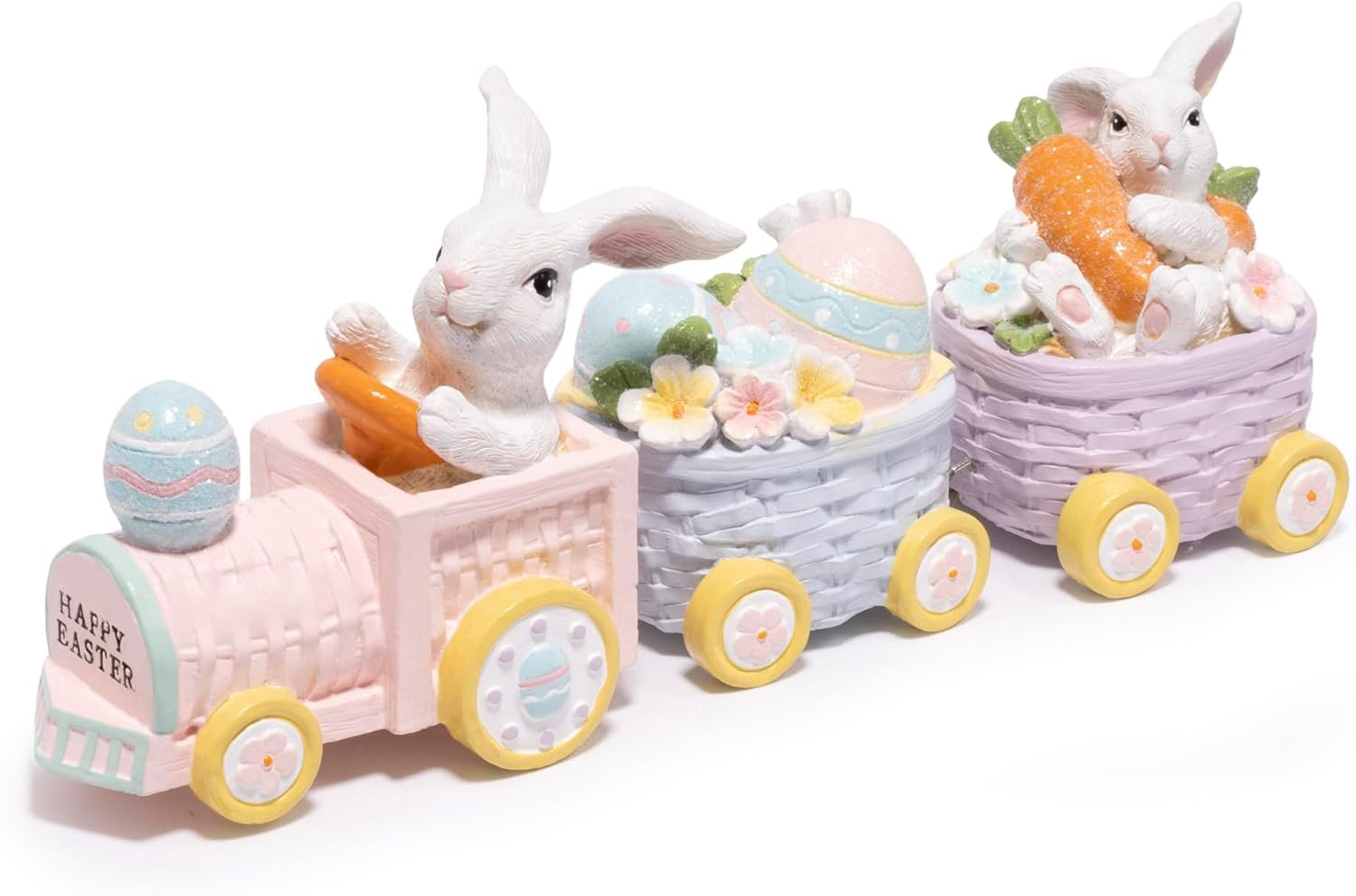 Easter Bunny Train Figurines, 3-Piece Resin Rabbit Tabletop Decor with Carrots &