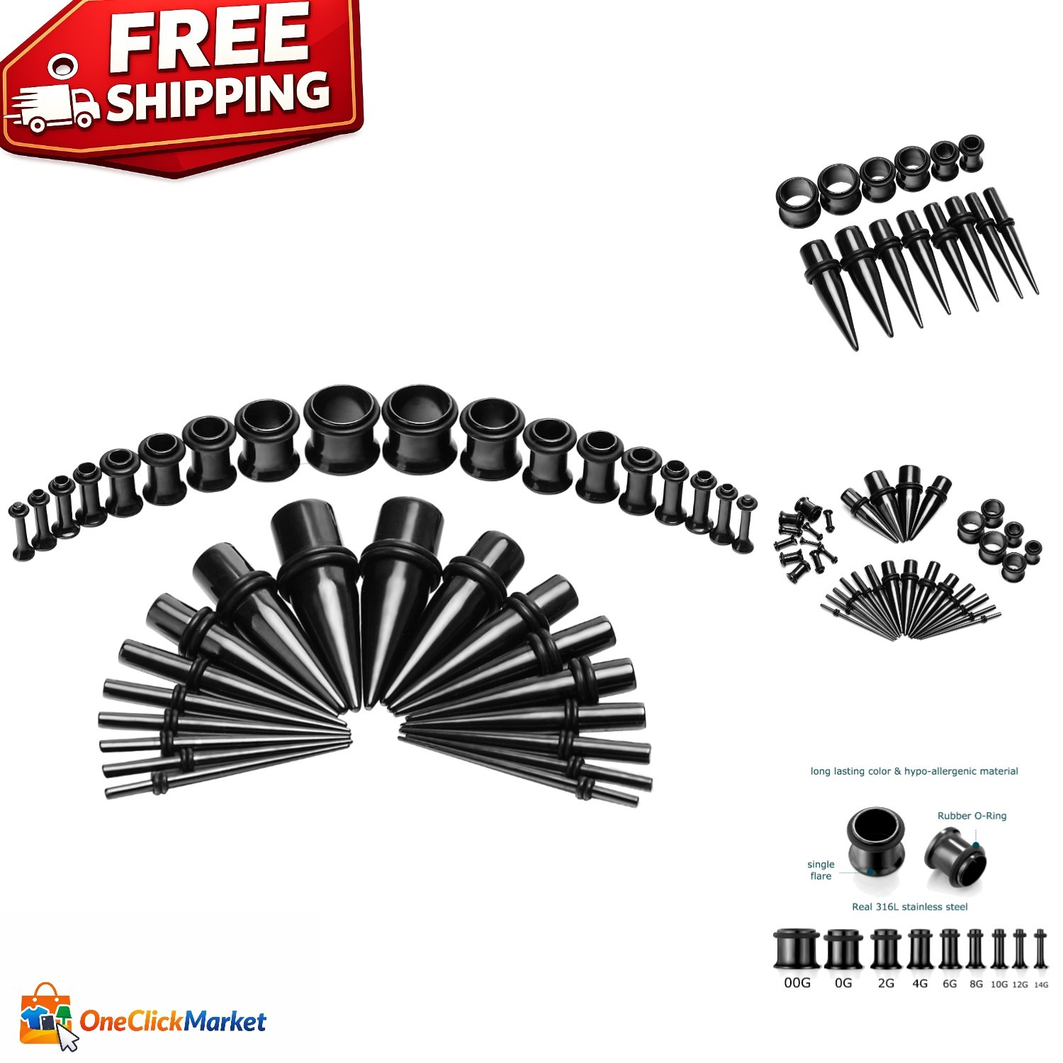 Luxury Black 36-piece Ear Gauge Kit - Tapers & Plugs in  Stainless Steel