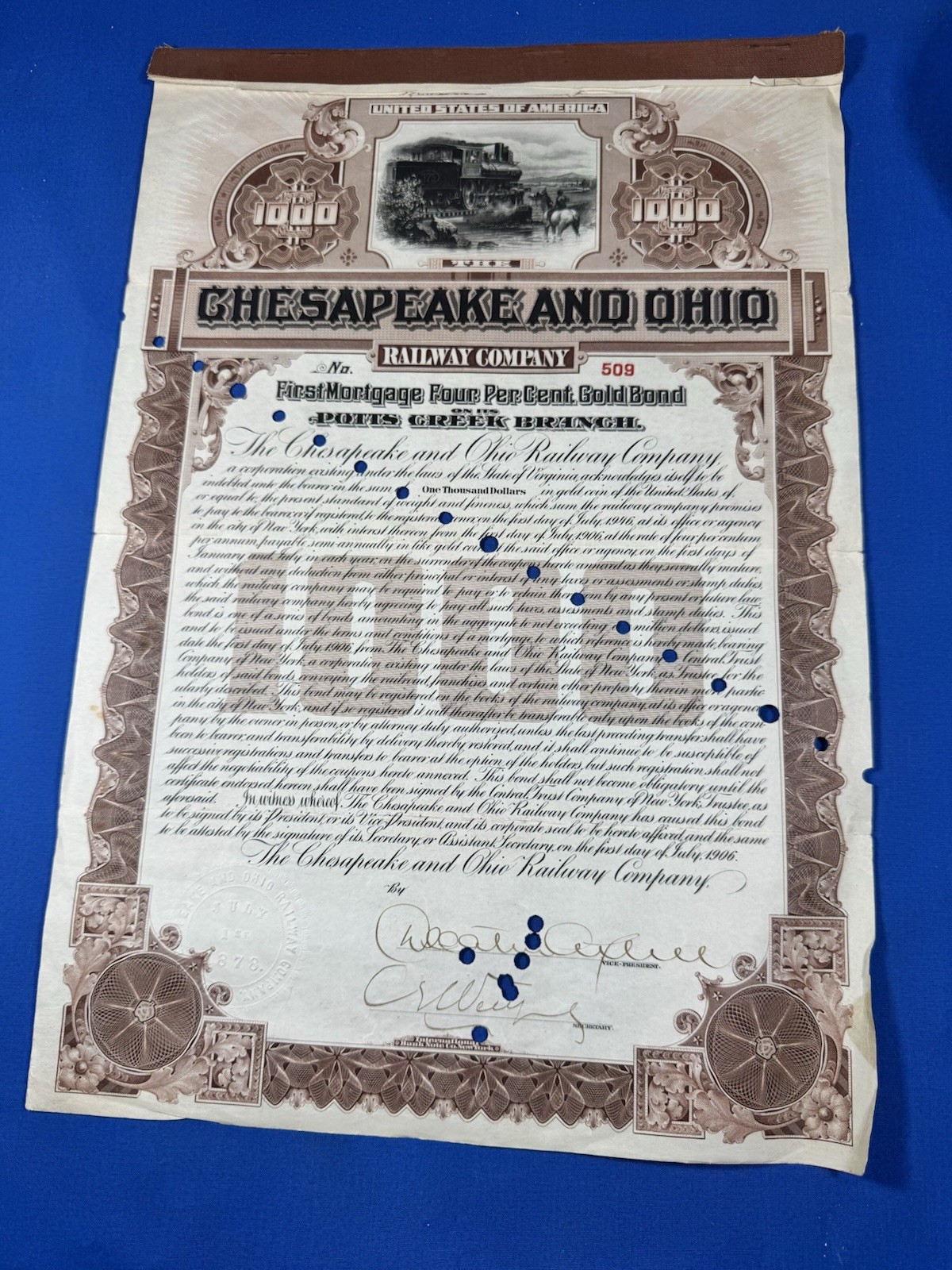 1906 $1000 Gold Bond Certificate - Chesapeake & Ohio Railway, Potts Creek Branch