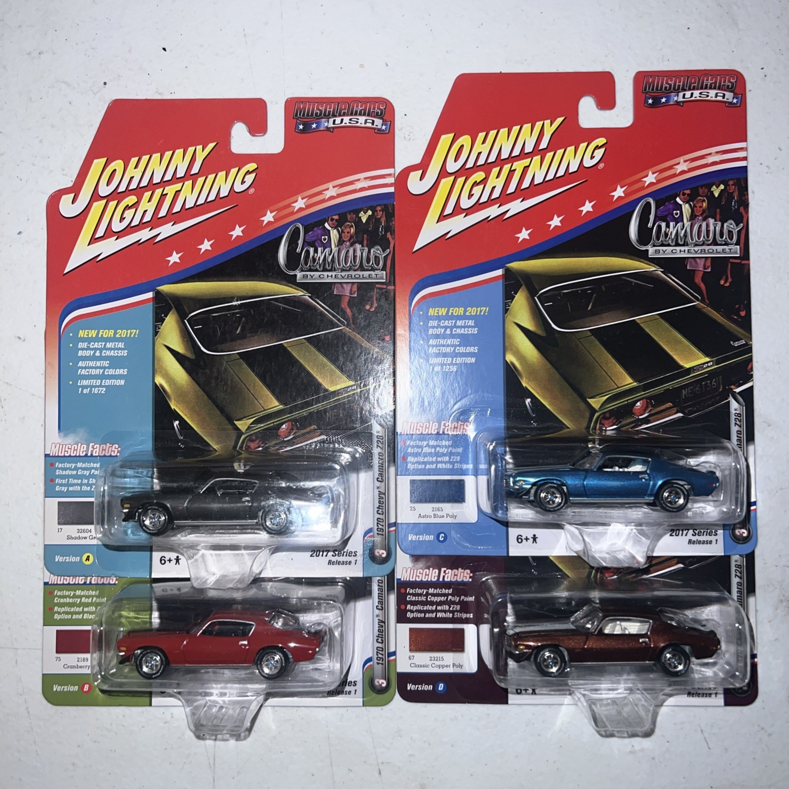 JOHNNY LIGHTNING 1970 CHEVY CAMARO Z28 1/64 LOT OF 4 VER A B C D HTF GRAY BLUE