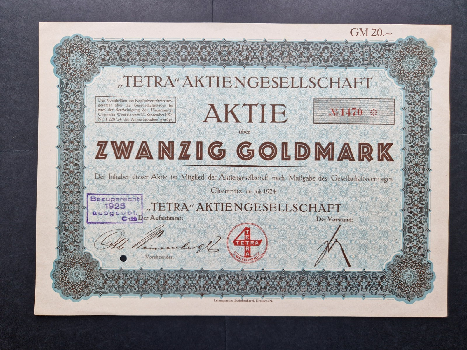 Share "Tetra" AG 20 Gold Mark 1924 Chemnitz