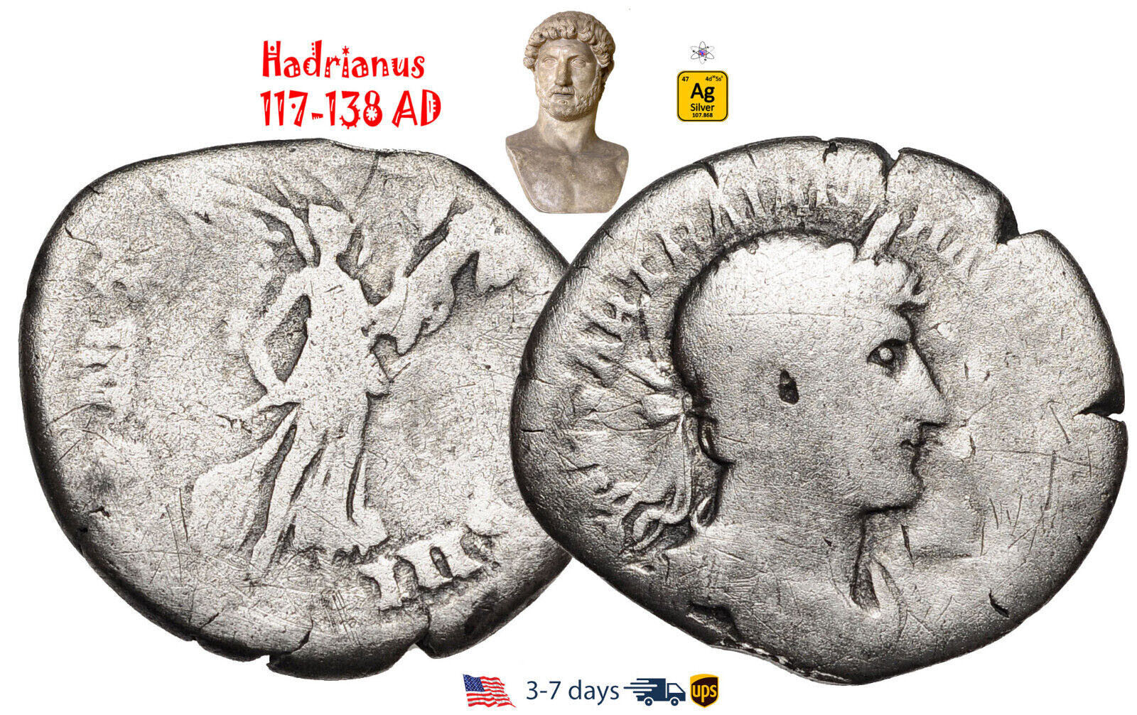 Ancient Roman Empire Coin Silver Denarius Hadrian 117 - 138 AD Authentic #31198