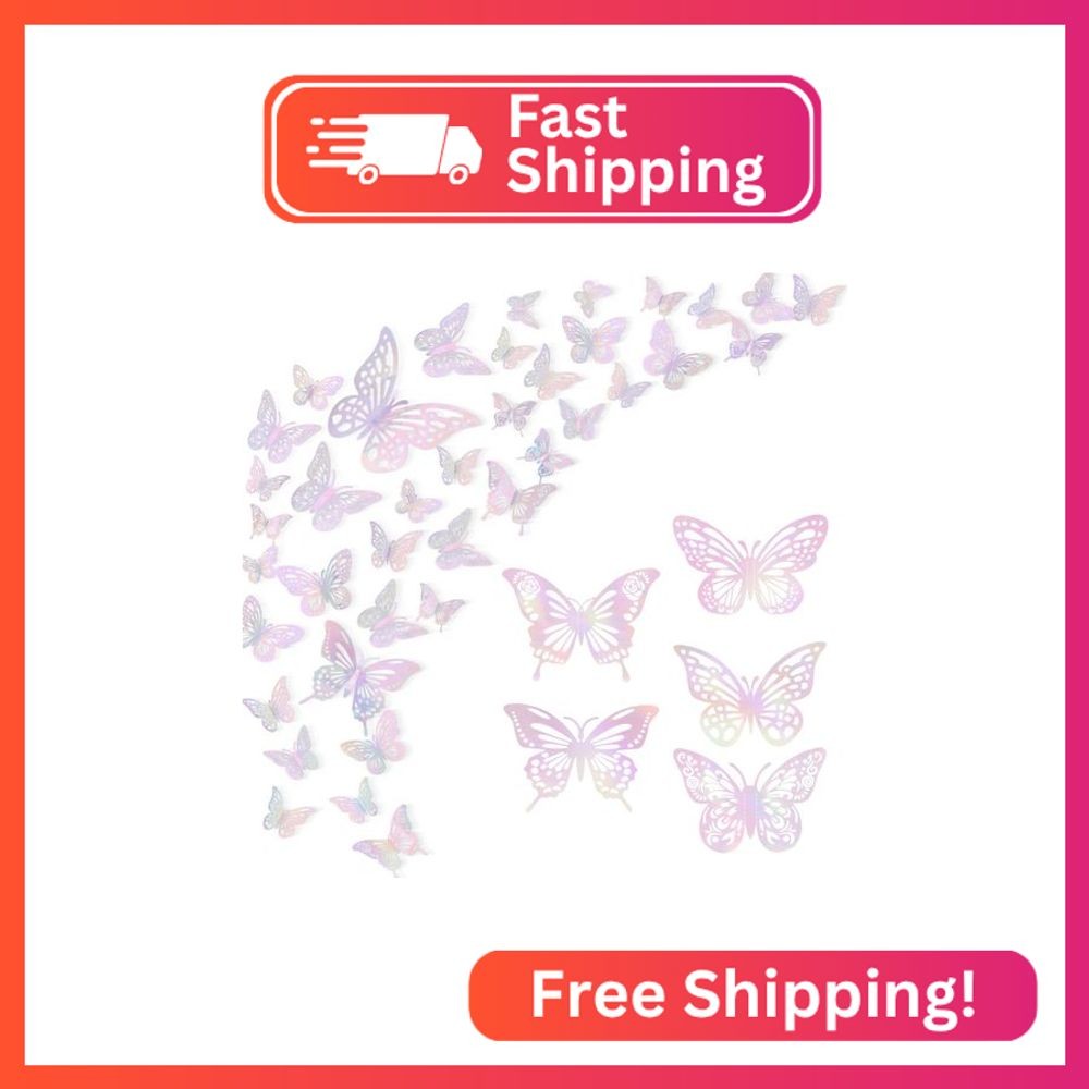 Anwyll Laser Pink 3D Butterfly Wall Decor, 60pcs 5 Styles 3 Sizes, Waterproof Vi
